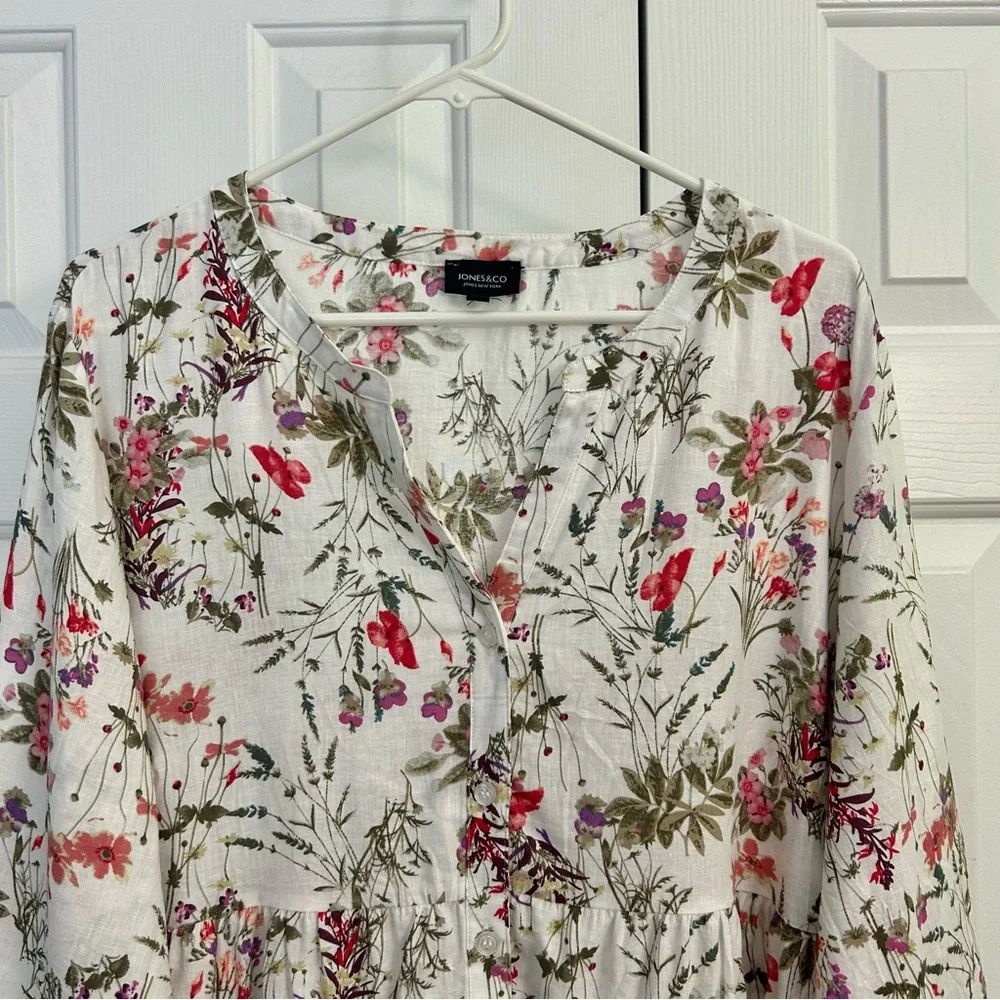Jones NY Linen Floral High/Low Hem Roll Tab Sleeve Spring Women's Top 1X - Picture 2 of 14